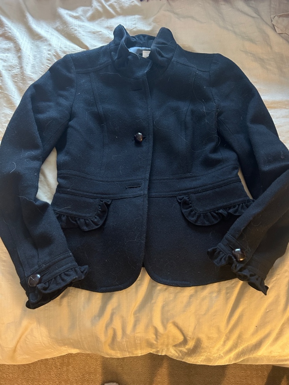 J. Crew Black Ruffle-Trim Wool Blend Blazer